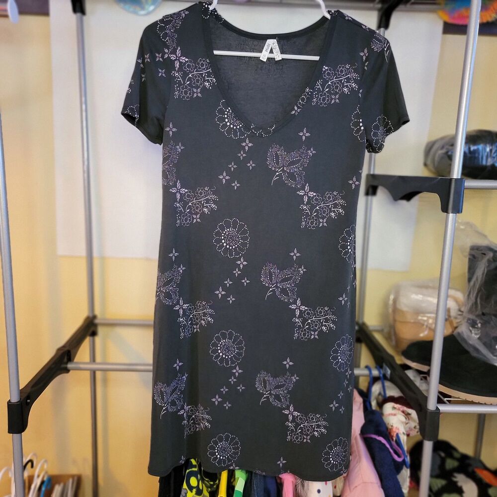 Mudd Slinky Dress Black Dotted Flowers Short Sleeve - Size XS